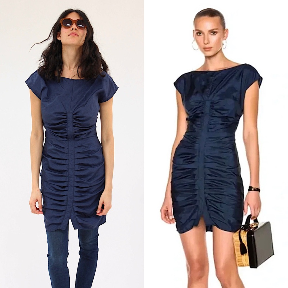 RACHEL COMEY Navy Nylon‎ Ruched Front Boatneck Cap Sleeve V-Back Sheath Dress 4